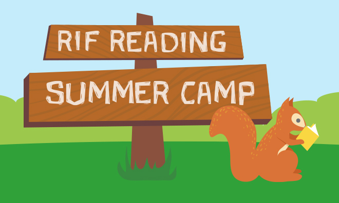 RIF Reading Summer Camp signage and squirrel reading