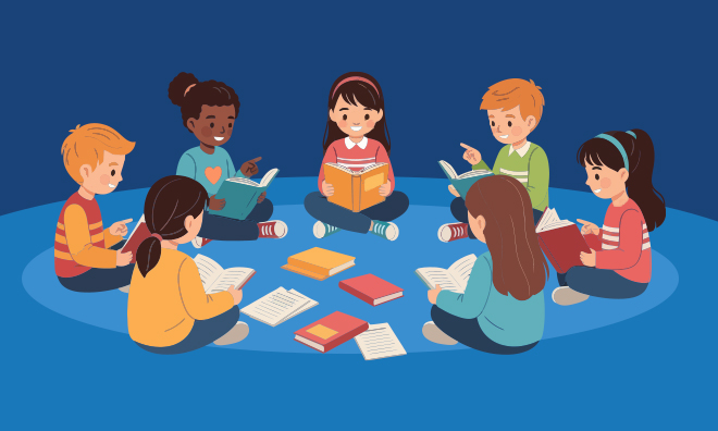 Kids sitting in a circle with books