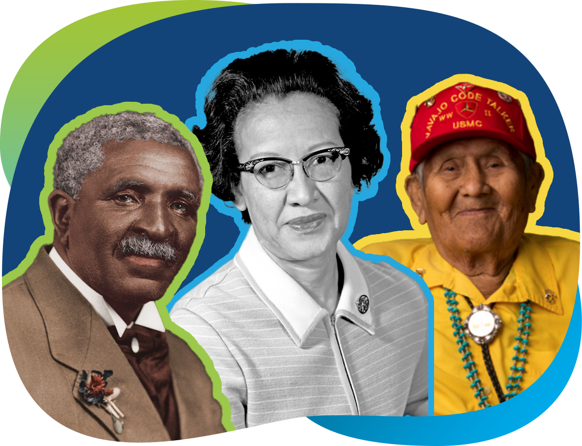 From the left to right, George Washington Carver, Katherine Johnson, and Chester Nez are presented as significant figures in scientific and technological history.