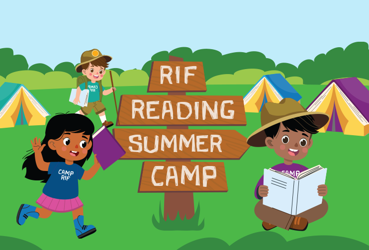 An illustration of three children camping outside with a wooden sign